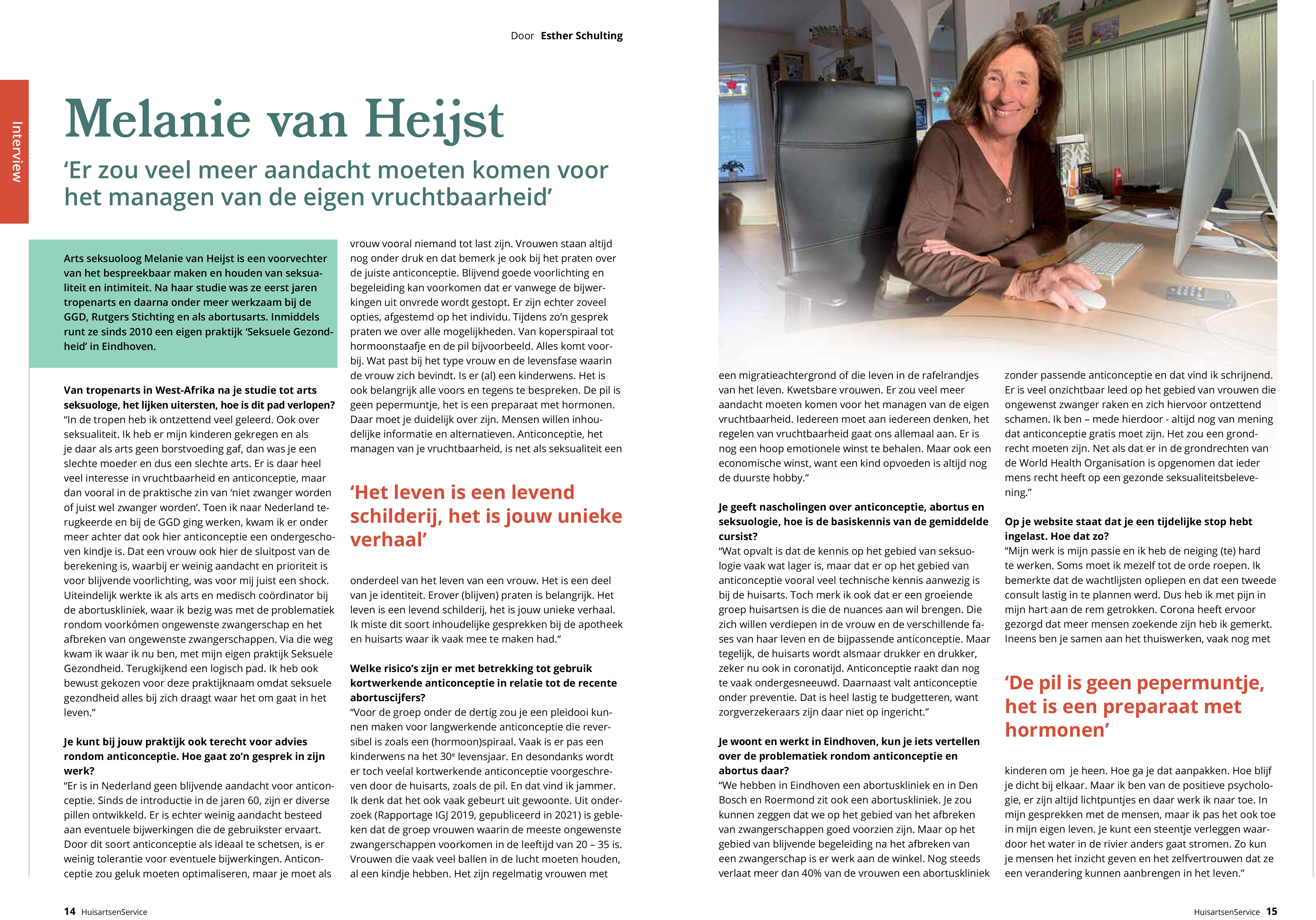 Interview met Melanie van Heijst over anticonceptie in Huisartsen Service: 2021, nummer 4